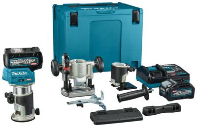 Makita rt001gm206 boven- en kantenfrees | 40 v max | 2 x 4.0 ah accu + snellader | incl. diverse voeten + geleiderail adapter | in mbox - rt001gm206