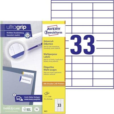 Avery Zweckform 3421, Universele etiketten, Ultragrip, wit, 100 vel, 33 per vel, 70 x 25,4 mm Avery Zweckform 3421, Universele etiketten, Ultragrip, wit, 100 vel, 33 per vel, 70 x 25,4 mm