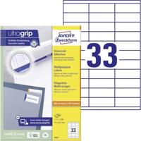 Avery Zweckform 3421, Universele etiketten, Ultragrip, wit, 100 vel, 33 per vel, 70 x 25,4 mm - thumbnail