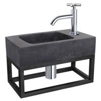 Fonteinset Differnz Bombai Natuursteen en Handoekrek 40x22x9 cm Zwart Met Gebogen Kruis Kraan Chroom Differnz - thumbnail