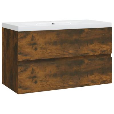 Wastafelkast met ingebouwde wasbak bewerkt hout gerookt eiken