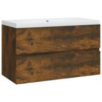 Wastafelkast met ingebouwde wasbak bewerkt hout gerookt eiken - thumbnail