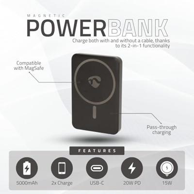 Nedis Powerbank | 5000 mAh | Draadloos opladen | 1.67 / 2.22 / 3.0 A | Outputs: 1 | Output: 1x USB-C™ | Inputs: 1x USB-C™ | PD3.0 20W |