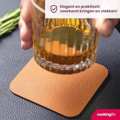 Cookinglife 6 Placemats + 6 Onderzetters - Dubbelzijdig - Vegan leer - Zwart / Cognac