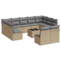 12-delige Loungeset met kussens poly rattan beige - thumbnail