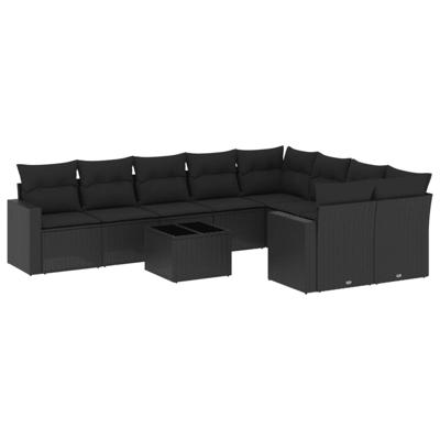 10-delige Loungeset met kussens poly rattan zwart - thumbnail