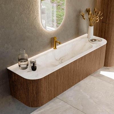 Mondiaz KURVE-DLUX 160 cm Onderkast Greeploos 1 Lade Met Deuren Walnut, Wastafel Solid Surface Midden Frappe 1 Kraangat Zonder Spiegel (KRVBGM160L+R1L2D1KM-Wal/Fra)