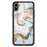 iPhone XS Max glazen hardcase - Goud blauw marmer - thumbnail