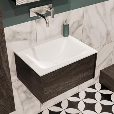 Mondiaz Lush Cloud badmeubel eiken Dark brown 60 cm 1 lade solid surface enkele spoelbak midden zonder kraangat