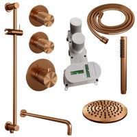 Copper Carving thermostatische inbouw regendouche SET 15 - 20 cm douchekop, gebogen muurarm, handdouche, doucheslang, geïntegreerde glijstang, koper geborsteld PVD - thumbnail