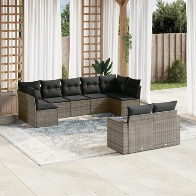 10-delige Loungeset met kussens poly rattan grijs