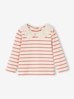 Baby T-shirt met geborduurde kraag en lange mouwen rood, gestreept - thumbnail