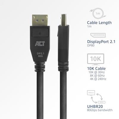 ACT AK4081 DisplayPort 2.1 kabel 4K @ 240Hz | 8K @ 60Hz | 10K @ 30Hz | | DP80 | UHBR20 | 1 meter