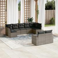 9-delige Loungeset met kussens poly rattan grijs - thumbnail