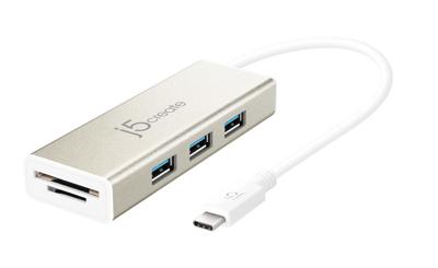 j5create USB 3.1 Type-C-poort met SD/Micro SD-kaartlezer JCH347Adapterdongle met 3 USB 3.1/3.0/2.0-poorten, voor Chromebook/MacBook/en meer USB Type C-apparaten