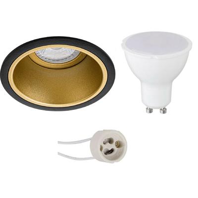 GU10 Inbouwspot Set - Mat Zwart/Goud - Inbouw Rond - Verdiept - Pragmi Minko Pro - 4W - Warm Wit 3000K - Ø90mm