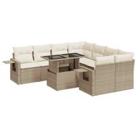 9-delige Loungeset met kussens poly rattan beige - thumbnail