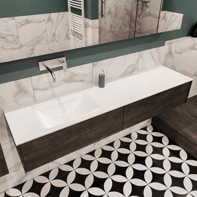 Mondiaz Lush Cloud badmeubel eiken Dark brown 180 cm 2 lades solid surface enkele spoelbak links zonder kraangat