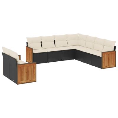 10-delige Loungeset met kussens poly rattan zwart - thumbnail