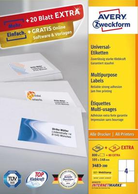 Avery-Zweckform 3483-200 Universele etiketten 105 x 148 mm Papier Wit 880 stuk(s) Permanent hechtend Inkjet, Laser (zwart/wit), Laser (kleur), Kopiëren Avery-Zweckform 3483-200 Universele etiketten 105 x 148 mm Papier Wit 880 stuk(s) Permanent hechtend Inkjet, Laser (zwart/wit), Laser (kleur), Kopiëren