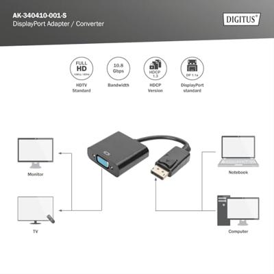 Digitus AK-340410-001-S DisplayPort / VGA Adapter [1x DisplayPort stekker - 1x VGA-bus] Zwart 15.00 cm