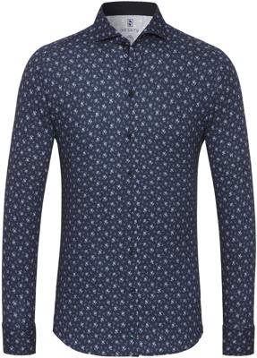 Desoto Heren Overhemd Blauw Fijne Witte Print Jersey Slim Fit Desoto Heren Overhemd Blauw Fijne Witte Print Jersey Slim Fit