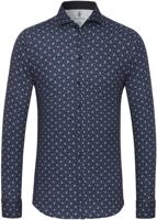 Desoto Heren Overhemd Blauw Fijne Witte Print Jersey Slim Fit - thumbnail