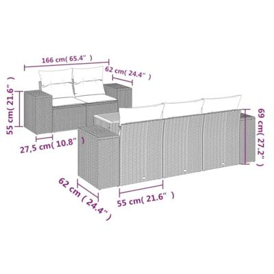 6-delige Loungeset met kussens poly rattan grijs