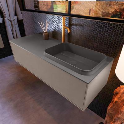 Badkamermeubelset Mondiaz Erin 120 cm met 1 Lade met RIDGE Wastafel Rechts Dark grey met 1 kraangat Greeploos Mat Smoke