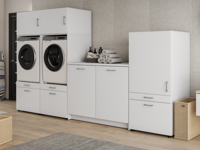 Kast WASHING 2 machines met kast 1 deur 2 lades en kast met werkblad wit met 2 opzetkasten