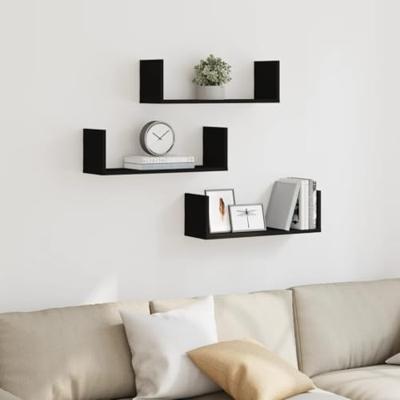 Wandschappen 3 st 58x18x18 cm bewerkt hout zwart Wandschappen 3 st 58x18x18 cm bewerkt hout zwart