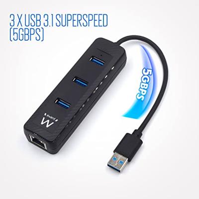 Ewent EW1140 hub met 3 poorten USB 3.1, 1-LAN RJ45 10/100/1000; voor Utrabooks, notebooks en desktop-pc's, zwart