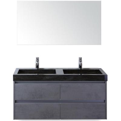 Dante Badmeubelset 120 cm - Beton Antrac - Wastafel Hardsteen Wit Lucca Dubbel met Spiegel