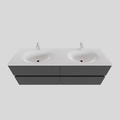 Badkamermeubel Solid Surface BWS Stockholm 200x46 cm Mat Antraciet Wasbak Dubbel (2 kraangaten, 4 lades)