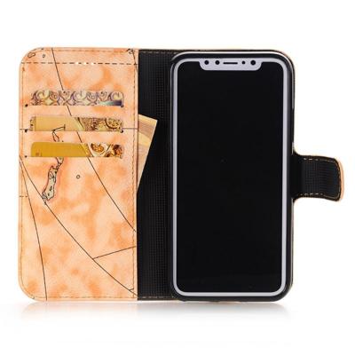 iPhone X horizontaal Licht bruin landkaart patroon PU leren Flip Hoesje met houder en opbergruimte voor pinpassen & geld