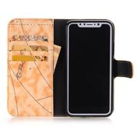 iPhone X horizontaal Licht bruin landkaart patroon PU leren Flip Hoesje met houder en opbergruimte voor pinpassen & geld - thumbnail