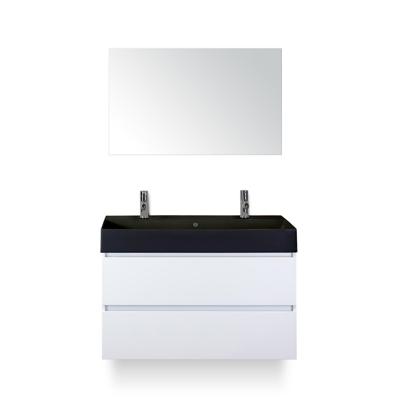 Maxx XL Badmeubelset 100 cm - Wit Hoogglans - Wastafel Kube Zwart 2 kraangaten - met Spiegel