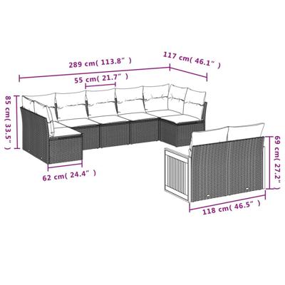 9-delige Loungeset met kussens poly rattan grijs - thumbnail
