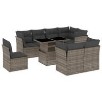9-delige Loungeset met kussens poly rattan grijs - thumbnail