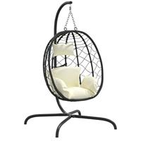 VidaXL Hangende ei-stoel met kussen crèmewit poly rattan & staal - thumbnail