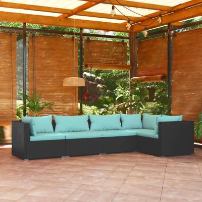 5-delige Loungeset met kussens poly rattan zwart