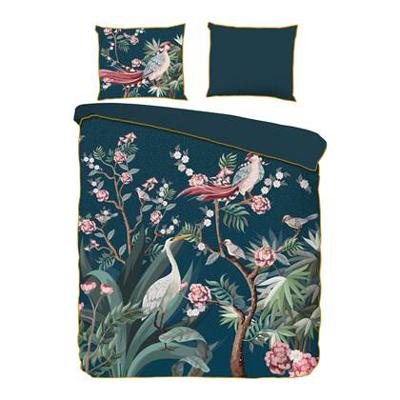 Descanso Dekbedovertrek "kraanvogel met bloemen" - Petrol - (200x200/220 cm) - Biologisch Katoen satijn