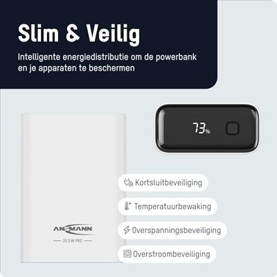 Ansmann 20000 mAh PB222PD w Powerbank 20 Ah USB PD 3.0, Quick Charge 2.0 LiPo Wit Met laadregelaar, Gelijktijdig laden en ontladen, Statusweergave