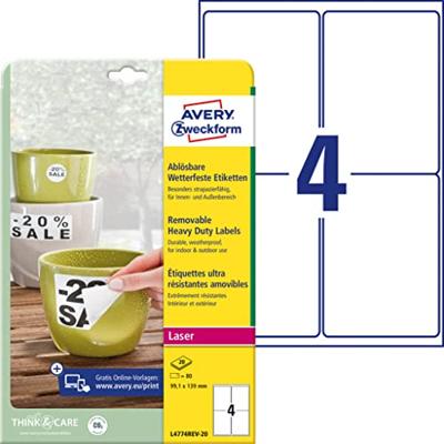 Avery afneembare weerbestendige etiketten Ft 99,1 x 139 mm (b x h), wit, doos van 80 etiketten
