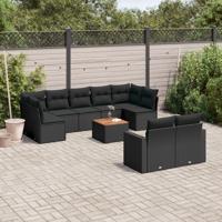 10-delige Loungeset met kussens poly rattan zwart - thumbnail