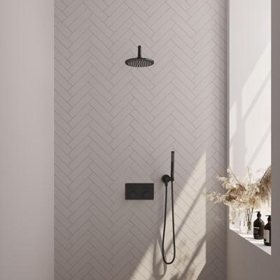 Brauer Black Carving Thermostatische Regendoucheset Inbouw - Hoofddouche 20 cm - Gebogen Wandarm - Met Drukknoppen - Handdouche Staaf - Doucheslang - Wandaansluitbocht - Mat Zwart
