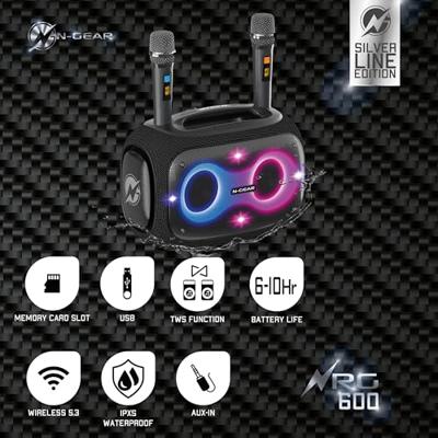 N-GEAR NRG600 - Bluetooth Speaker - Partybox met Verlichting + 2 Microfoons - IPX5 Waterdicht - Zwart