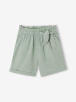Meisjesshort in "paperbag"-stijl, van katoengaas saliegroen - thumbnail