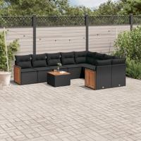 10-delige Loungeset met kussens poly rattan zwart - thumbnail