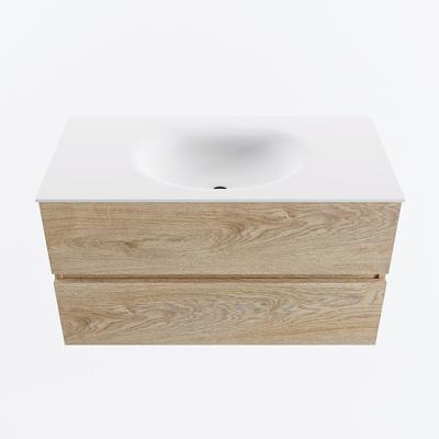 MONDIAZ VICA 90cm badmeubel onderkast Washed Oak 2 lades. Wastafel MOON midden 1 kraangat, kleur Talc.